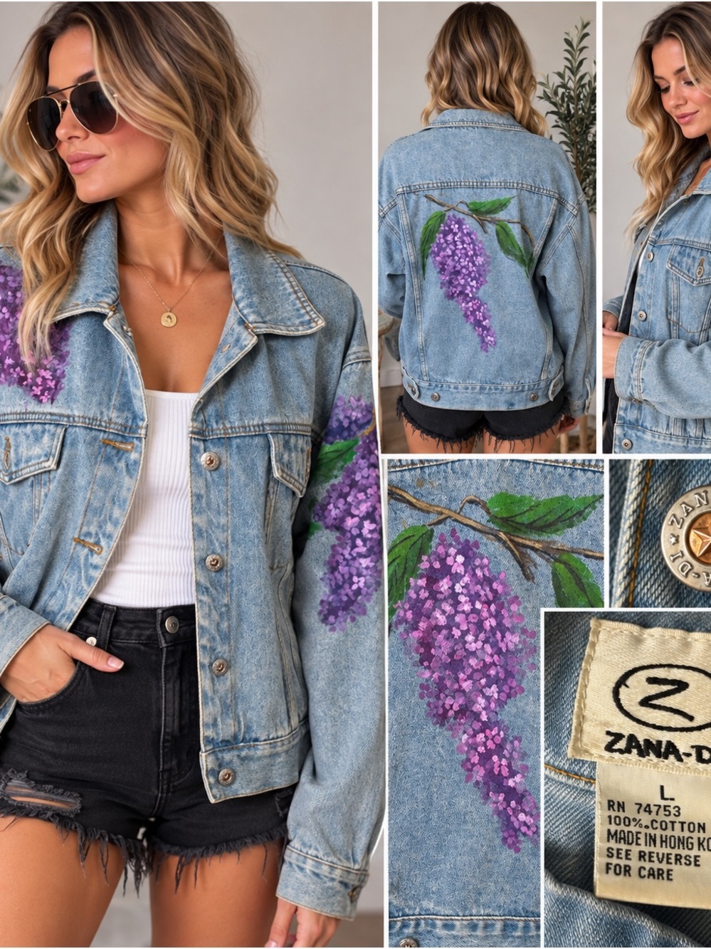 Vintage 90s Zana Di Floral Denim Jacket L Wisteria Hand Painted Jean Jacket